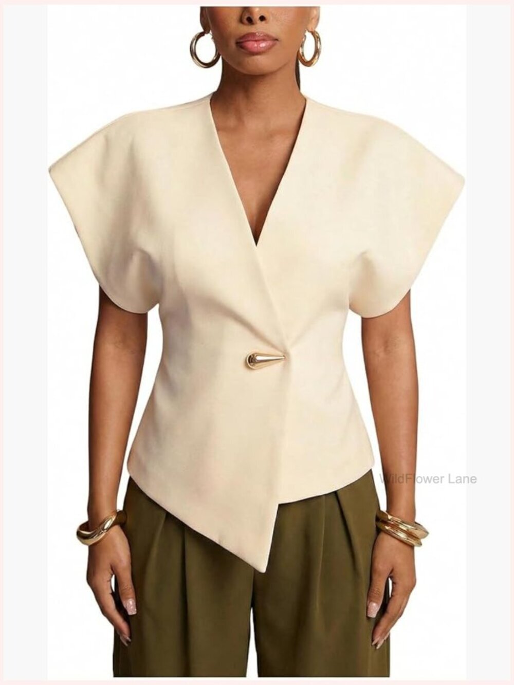 V Neck Asymmetrical Hem Short Sleeve Blazer Top Work Blouse